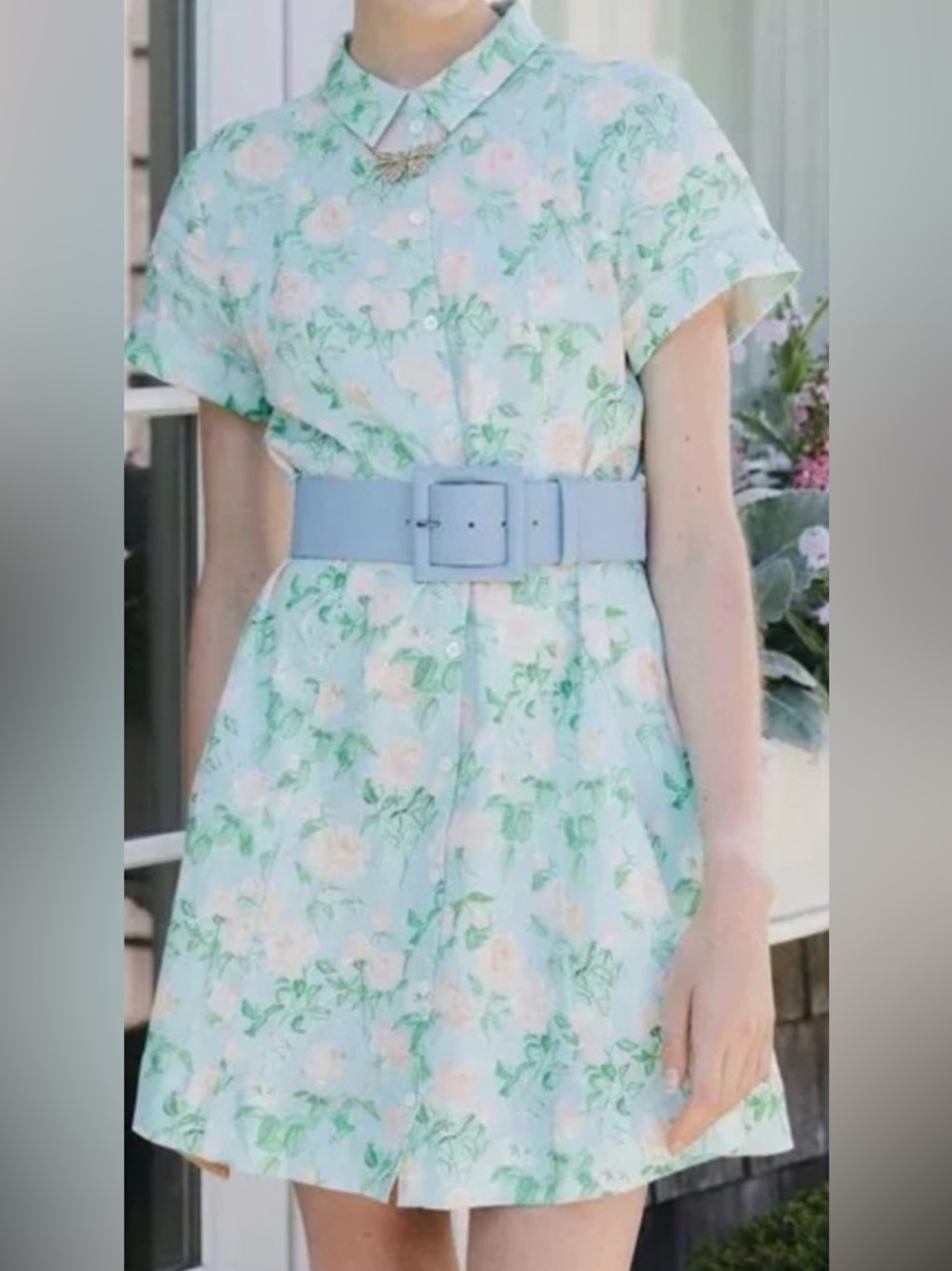 Hill House The Laura Dress Blue Roses Linen Belted Blue Green Pink Dress Small